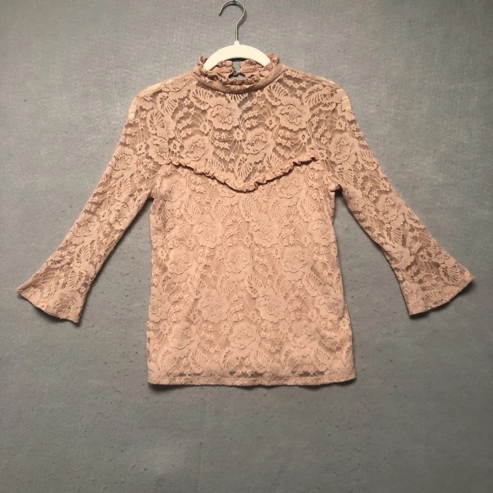 Express Shirt Womens M Pink Floral Lace Blouse High Neck Ruffle Lined Ladies
